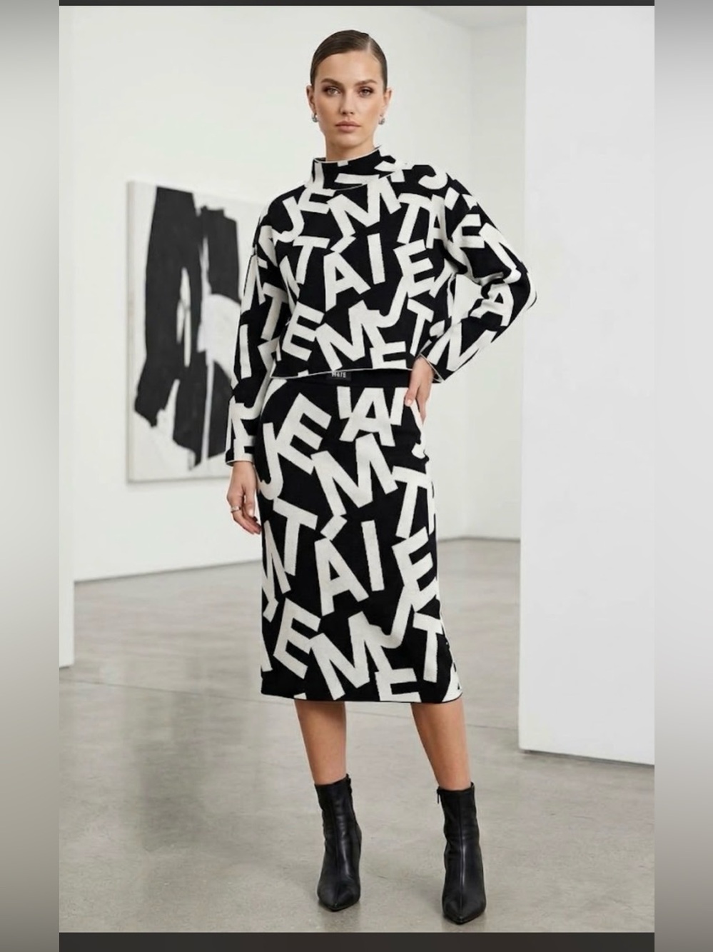 Maeve Anthropologie Abstract Graphic Letter Print Knit Sweater & Skirt Set Sz M